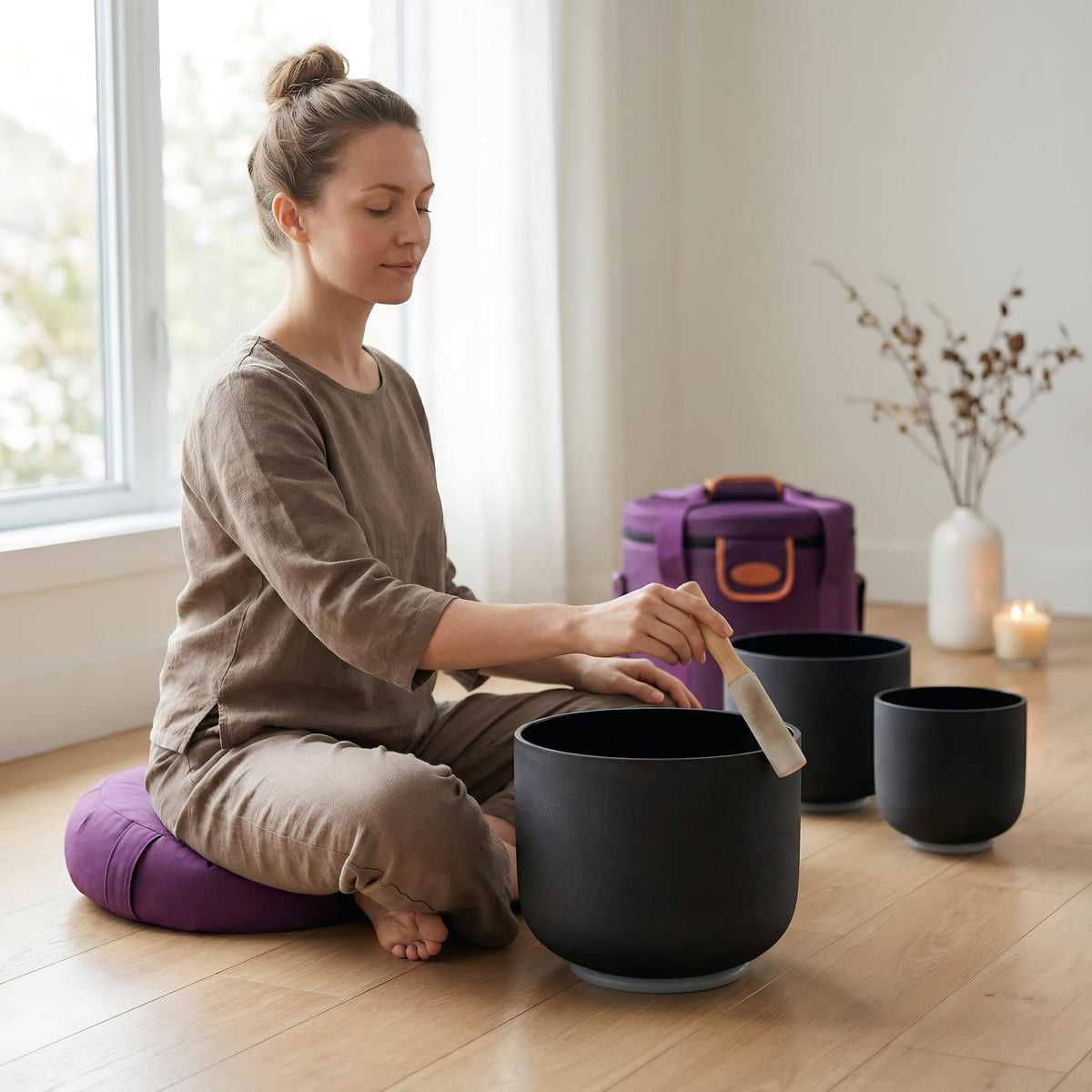 6"C+8"A+10"D) 3-Piece Chakra Black Crystal Singing Bowl Set with Heavy Duty Case & Mallets for Yoga, Meditation & Sound Healing (6-10 inch / 3 Black Bowls Set (6"C+8"A+10"D))