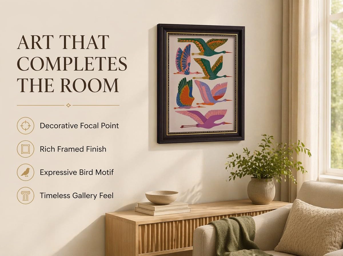 Framed Colorful Bird Wall Art (Heron / 16"L x 12"W)