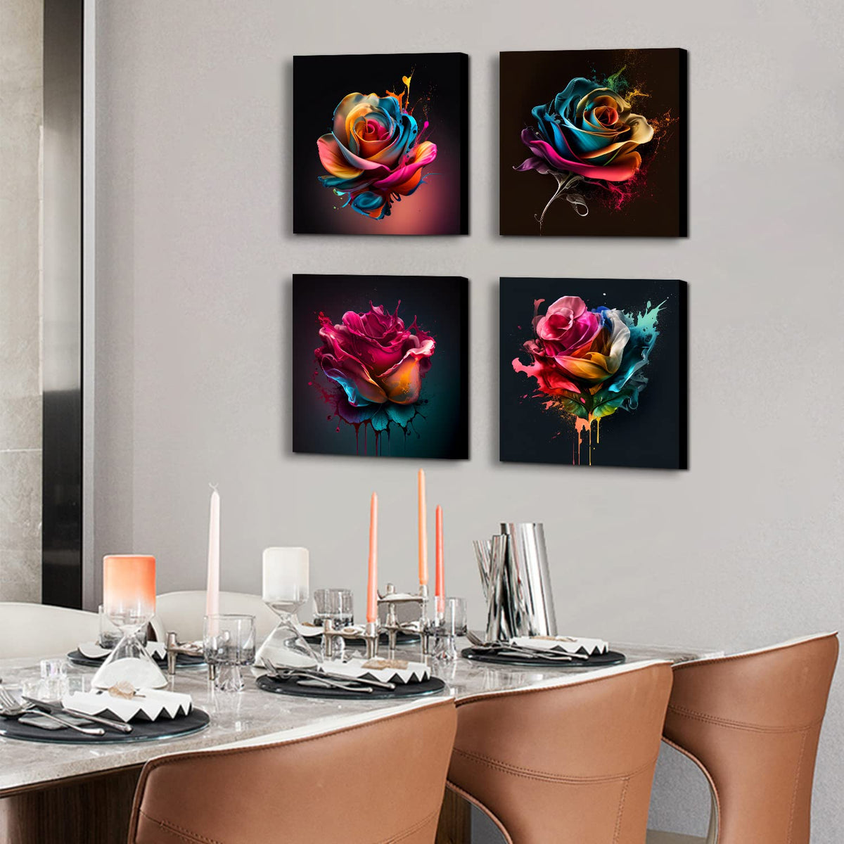 Colorful Rose Wall Art Abstract Graffiti Rainbow Flower Canvas Prints Pictures Bedroom Decor 12x12" 4 Pcs Modern Watercolor Black Background Paintings Artwork for Living Room Bathroom Home Decorations (12"L x 12"W / Colorful Rose)