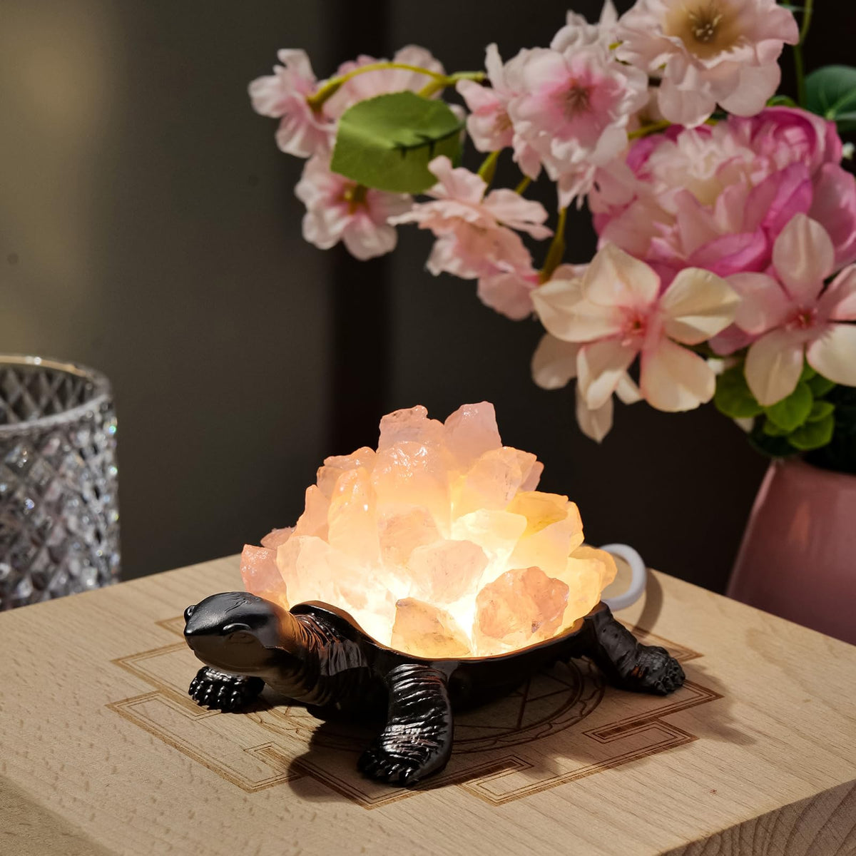 Natural Rose Quartz Turtle Night Lamp Healing Crystal Bedroom Bedside Table Lamp USB Port Home Decor Women Men Gift (Pink)
