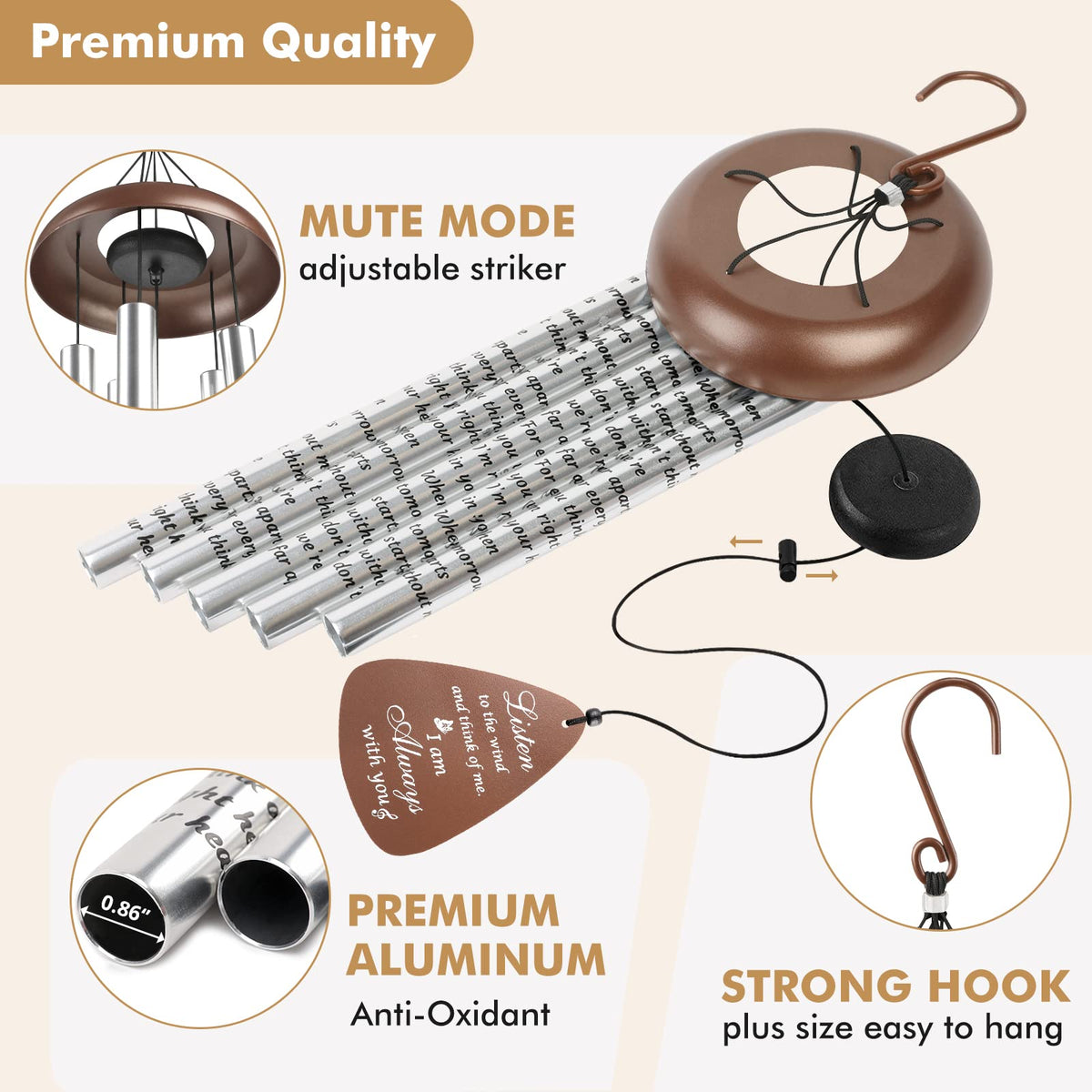 36'' Sympathy Wind Chimes Memorial Gift for Loss of Loved One Brown (36 inches)