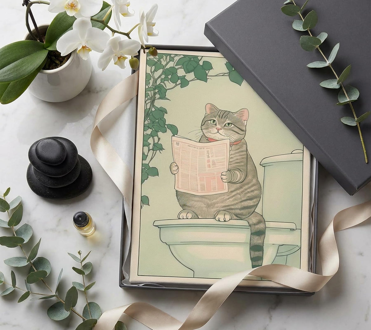 Tabby cat on a toilet Canvas Wall Art apanese cat Wall Decor pictures Funny Bathroom Animal Poster Prints Japanese Aesthetic painting Neutral Minimalist Artwork(16x24in Canvas) (yellow / 24"L x 16"W)