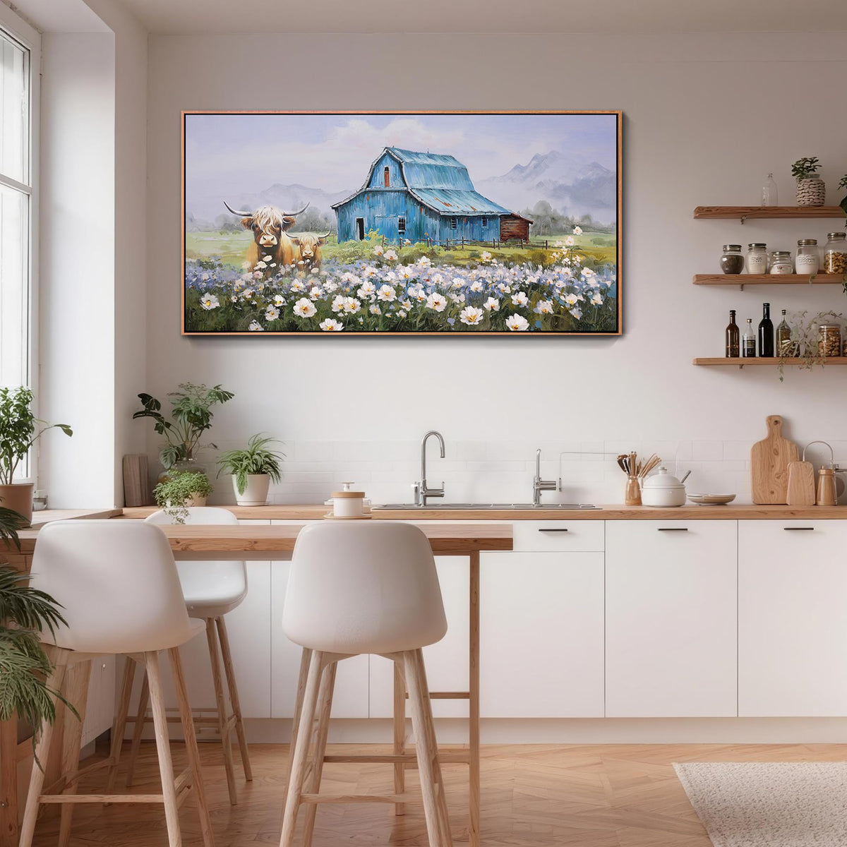 Highland Cow Farmhouse Wall Art for Living Room (Blue Barn / Wood Framed / 58.1"L x 29.1"W)