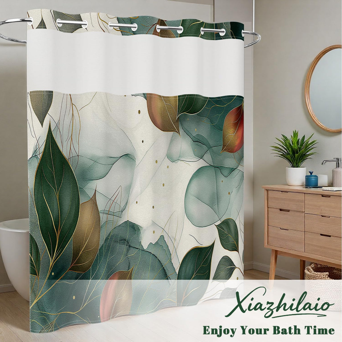 Abstract Botanical Leaf Shower Curtain No Hooks with Liner (Green Leaf)