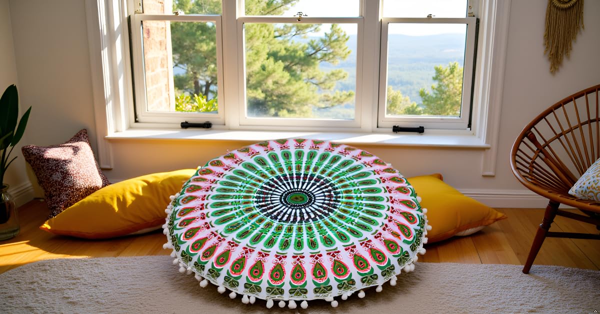 Large Round seat Floor Cushion Chair Ottoman Cover Pouf Pillow Meditation Floor Cushions for Adults Seating pouffe Ottoman Throw Covers Craft Room Furniture Sitting Cover 22 Inches Green White (Green White)