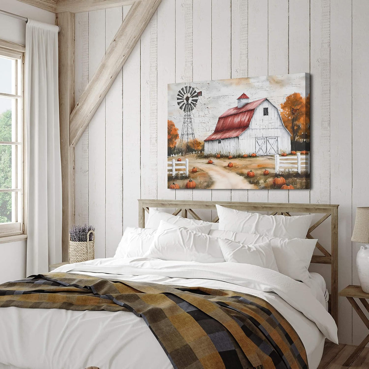 Country Autumn Landscape Canvas Wall Art Farmhouse Barn Windmill Pictures Wall Decor for Living Room Kitchen Bedroom Fall Decorations for Home Rustic Pumpkins Painting Poster Artwork Framed 24x36” (36"L x 24"W / Pumpkin4)