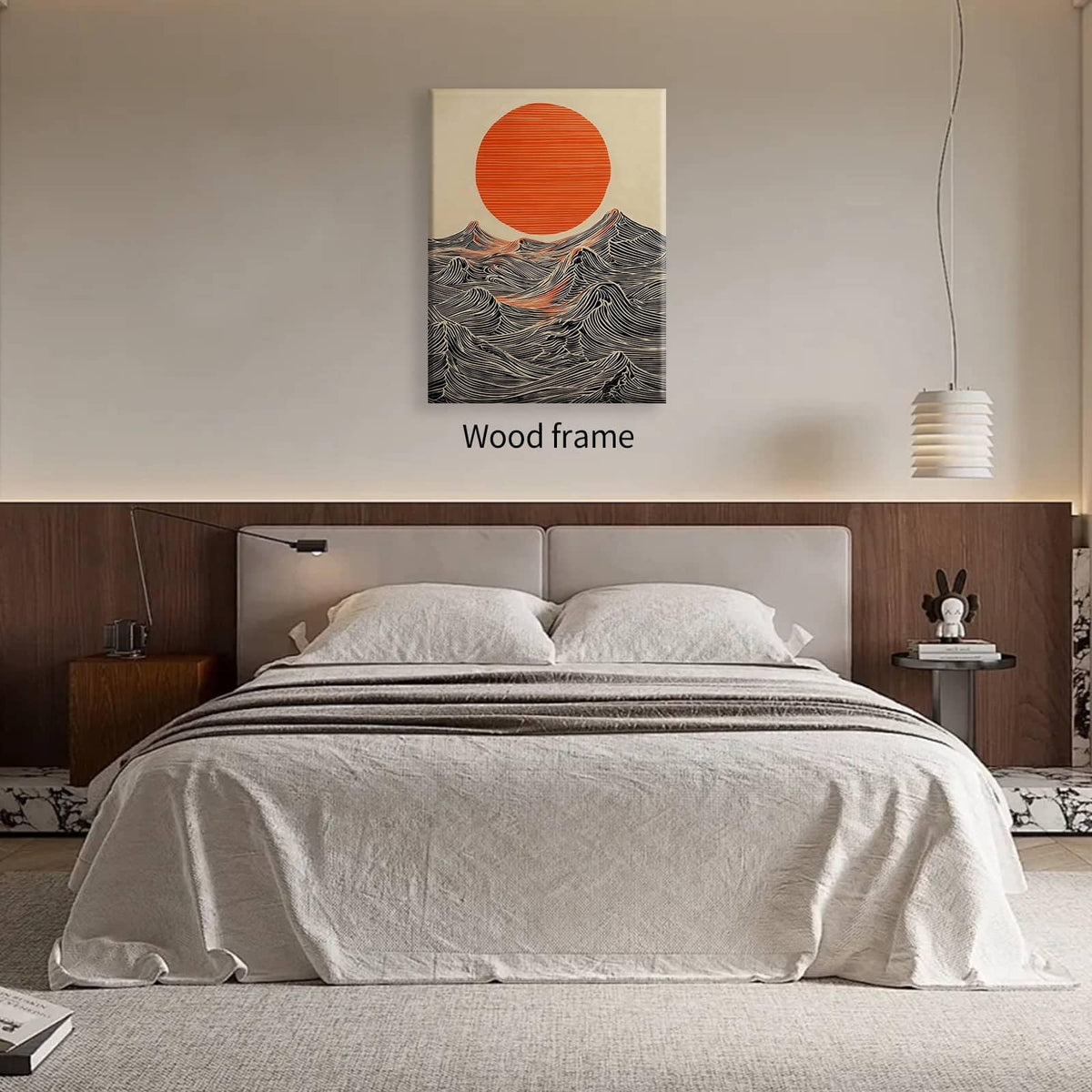 Abstract Japanese Style Artwork Ready to hang 24x36in Wrapped Framed Sun and Waves Wall Art Modern Minimalist Ocean Poster Asian Home Decor Print Painting for Japanese Living Room Bedroom Office (Wrapped Canvas / Japanese Painting / 36"L x 24"W)