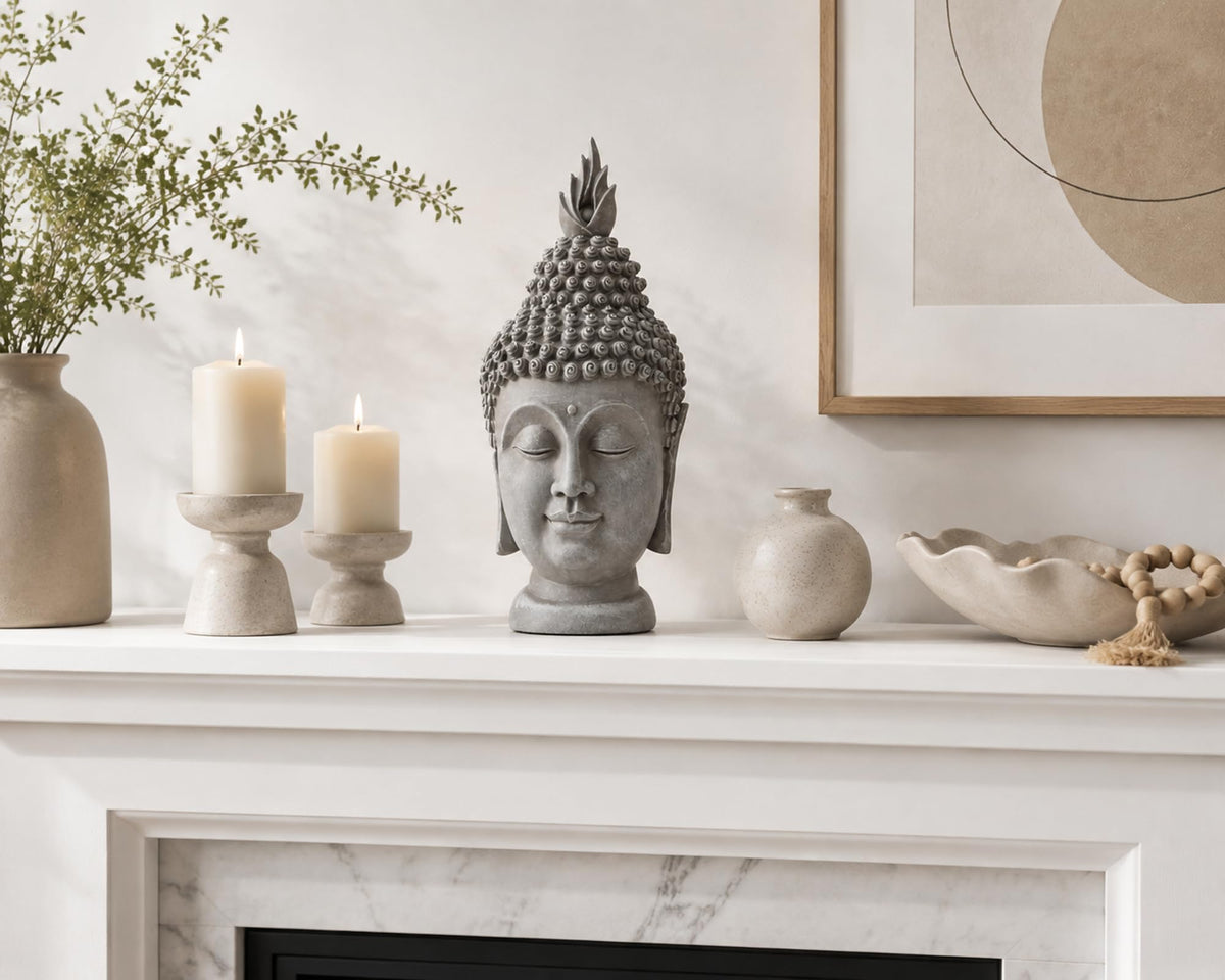 11 Inch Stone Grey Buddha Head Statue (Stone Grey)