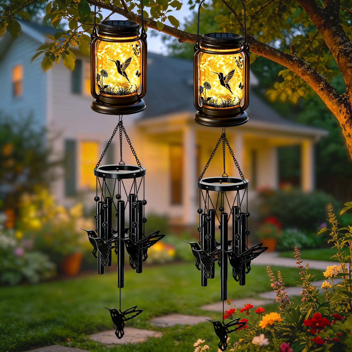 2 Pack Solar Hummingbird Wind Chimes for Outside (2 pack- hummingbird jar wind chime)