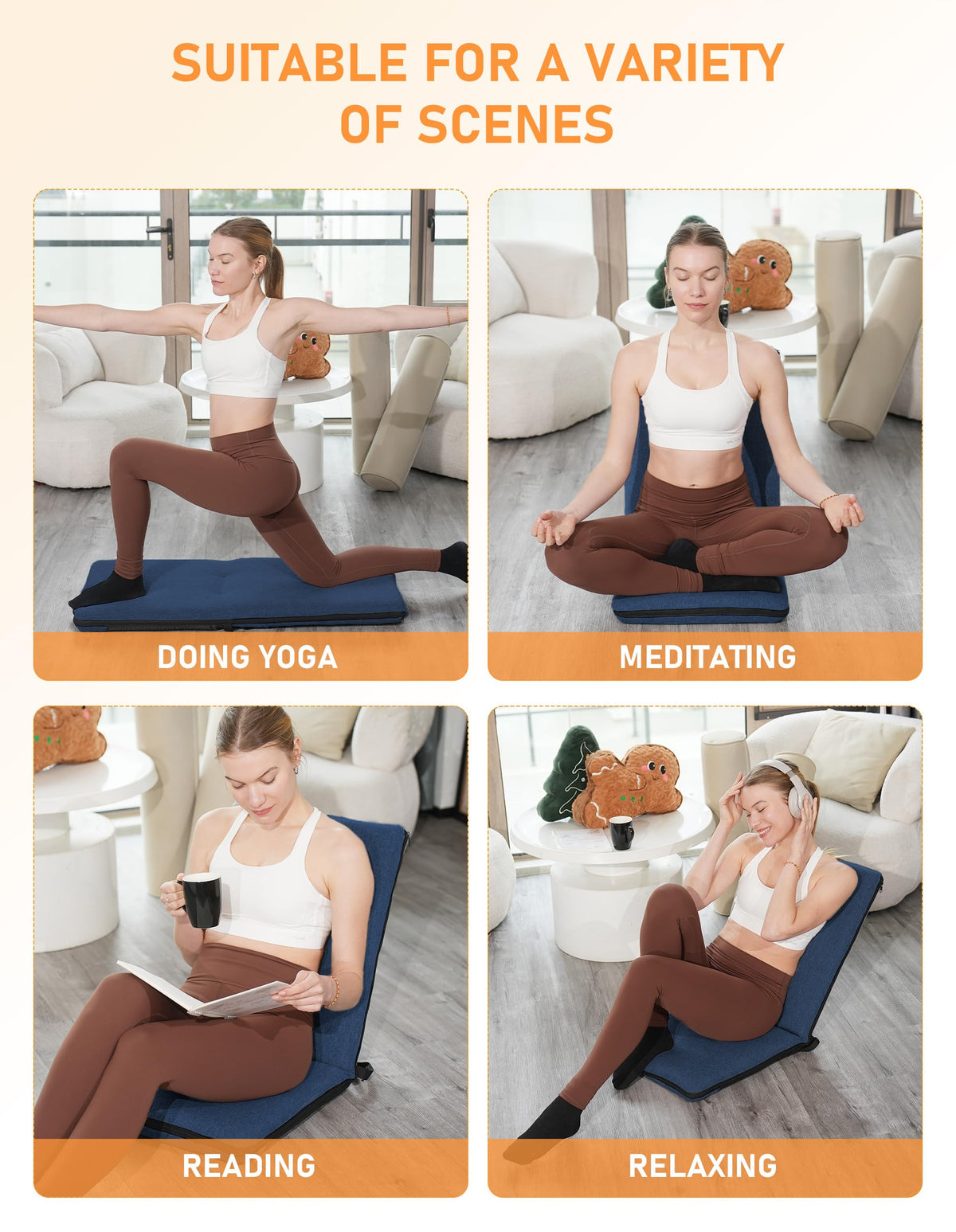 Adjustable Floor Chair with Back Support Foldable Meditation Chair (Dark Blue)
