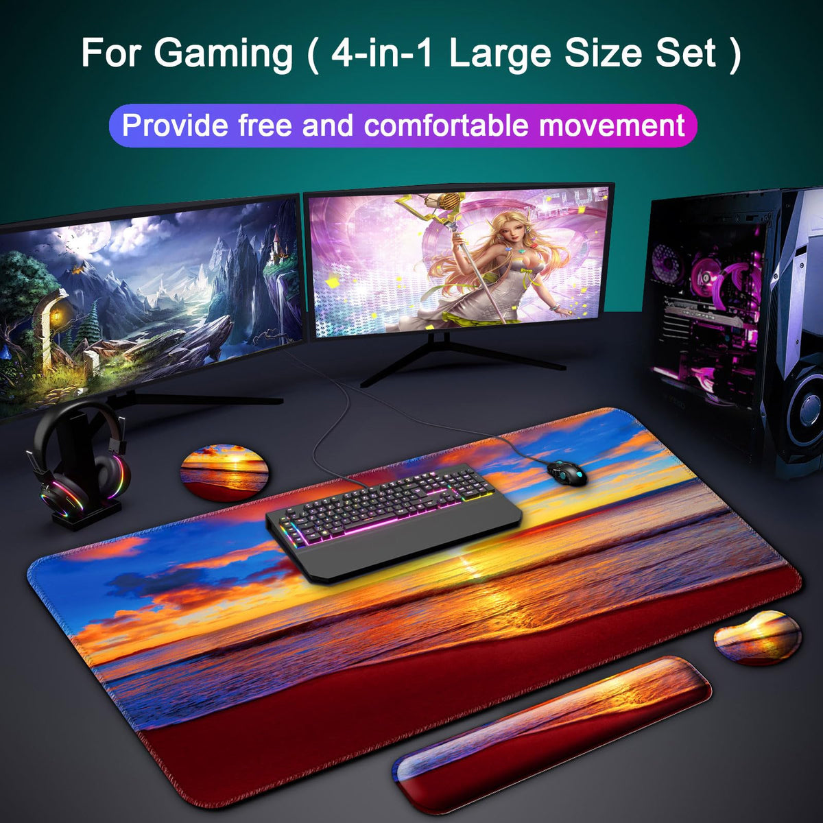 4 in 1 Mouse Pad and Keyboard Wrist Rest (A2-sunset Beach)