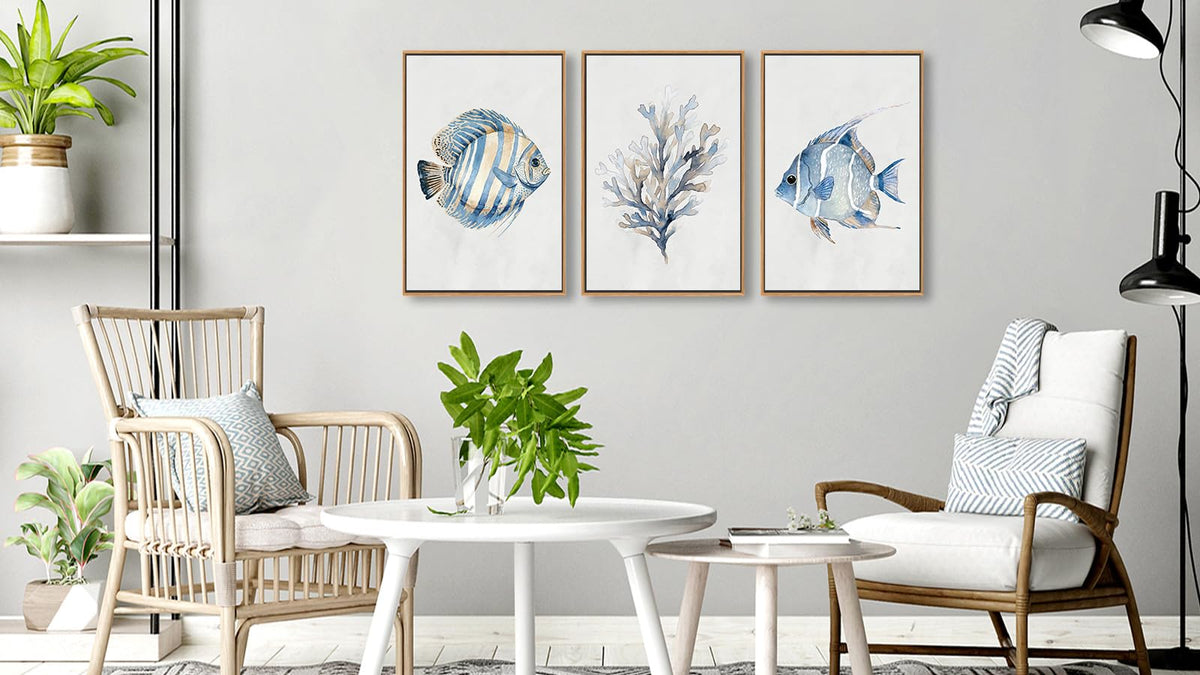 Nautical Framed Wall Art (Navy Blue Fishes and Coral / 28"L x 20"W)