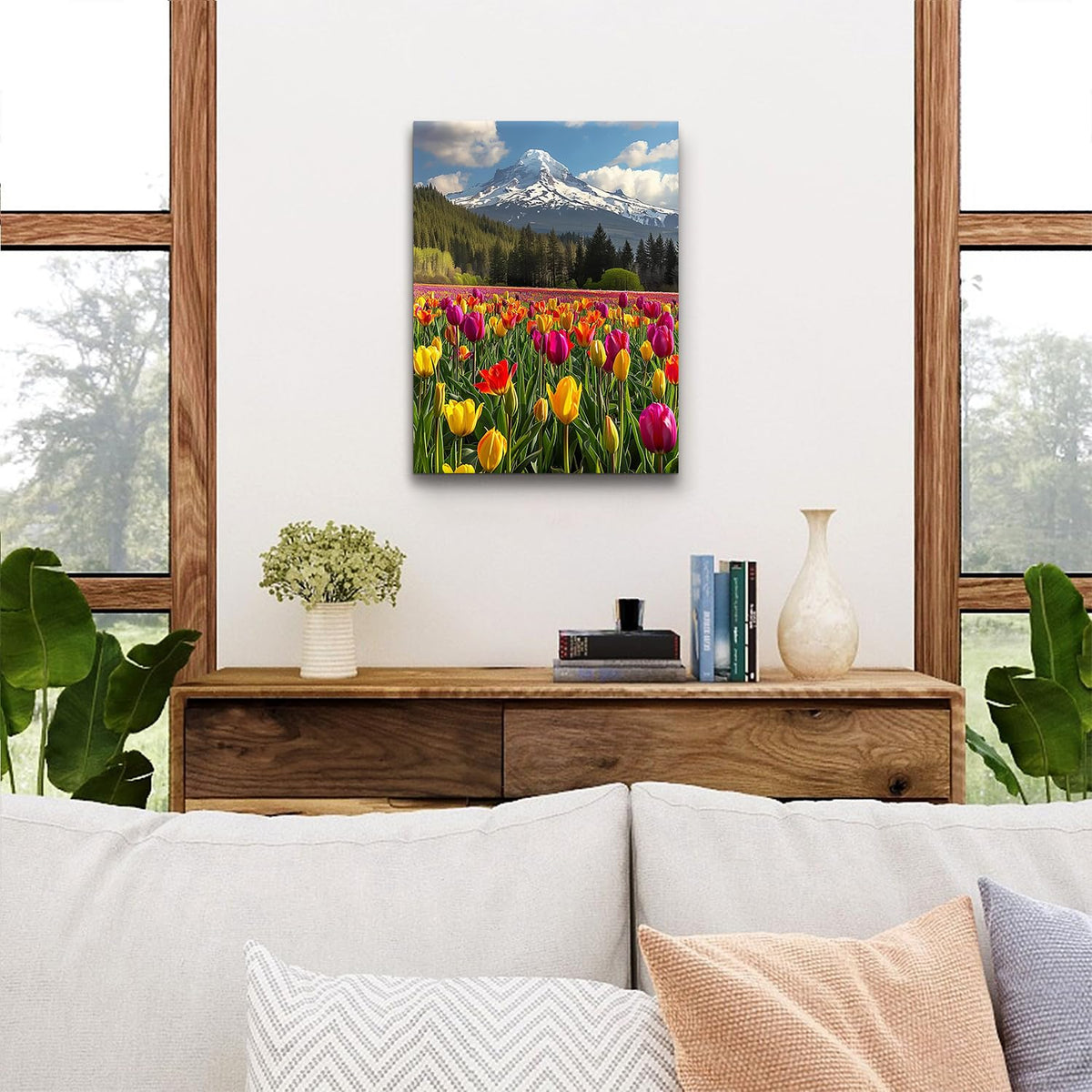 Mt Hood Mountain Wall Art Yellow Flowers Wall Decor Snow Mountains Landscape Canvas Prints Tulips Flower Field Scenery Pictures Nature Forest Artwork for Bedroom Living Room Home Decoration 12x16" (16"L x 12"W / YellowTulips)