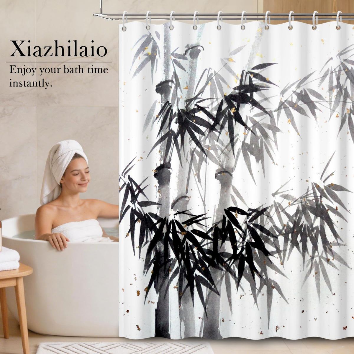 Ink Bamboo Shower Curtain with Hooks (Bamboo / 72"W x 78"L (Pack of 1))