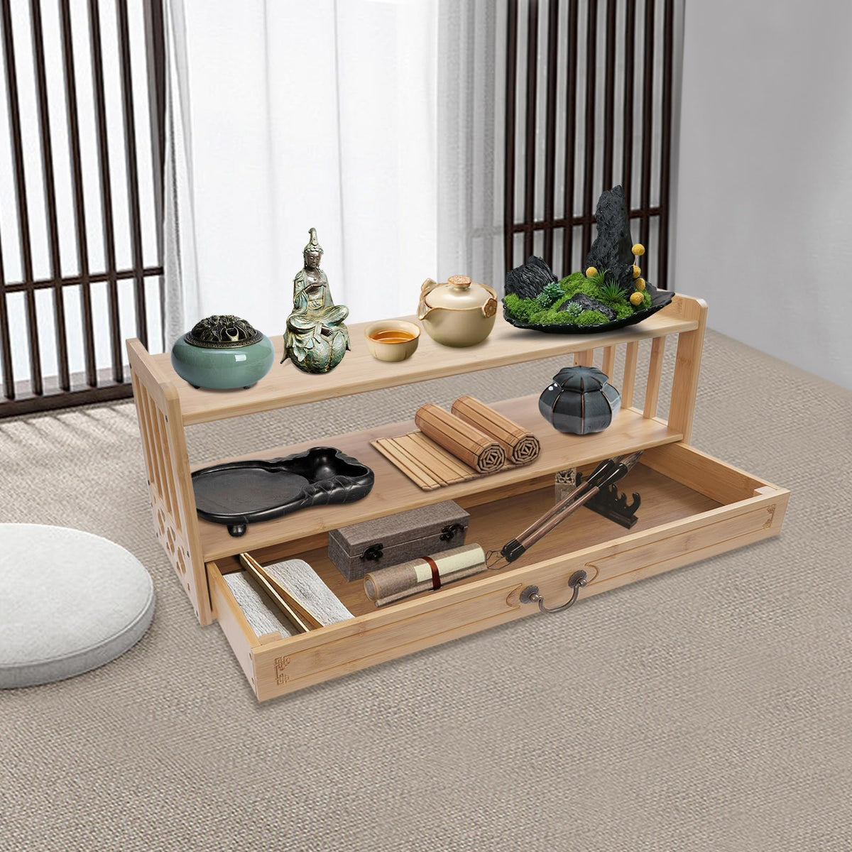 Storage Tables Altar Table with Drawer Meditation Table Bamboo Puja Tables Chinese Style Desk for Meditation (27.2*9.8*11in / Wood Color)