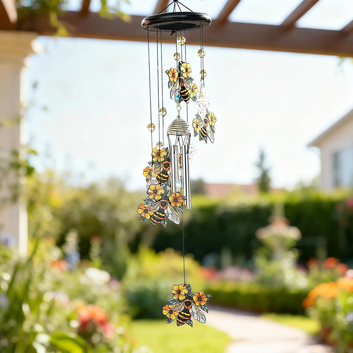Bee Wind Chime with Crystal Suncatcher (Wildflower – Bee – 27 Inch)