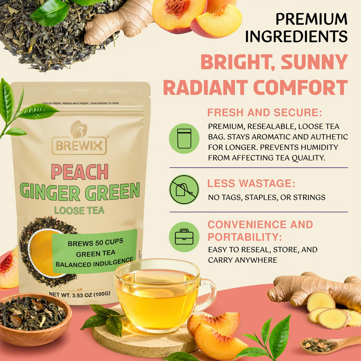 Peach Ginger Green Tea (3.53 Ounce (Pack of 1))