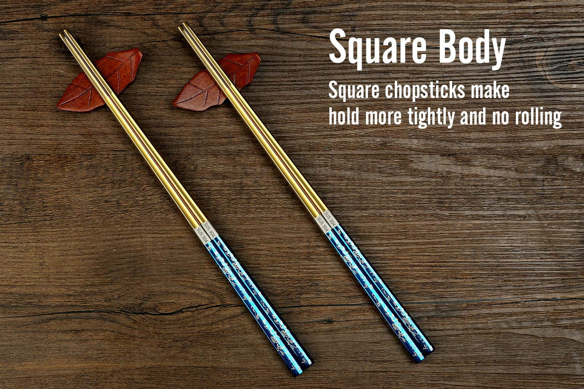 Metal Chopsticks Titanium Plated Stainless Steel Chopsticks Reusable Dishwasher safe Japanese Korean Chopstick lightweight Laser Engraved Anti (Blue gold)