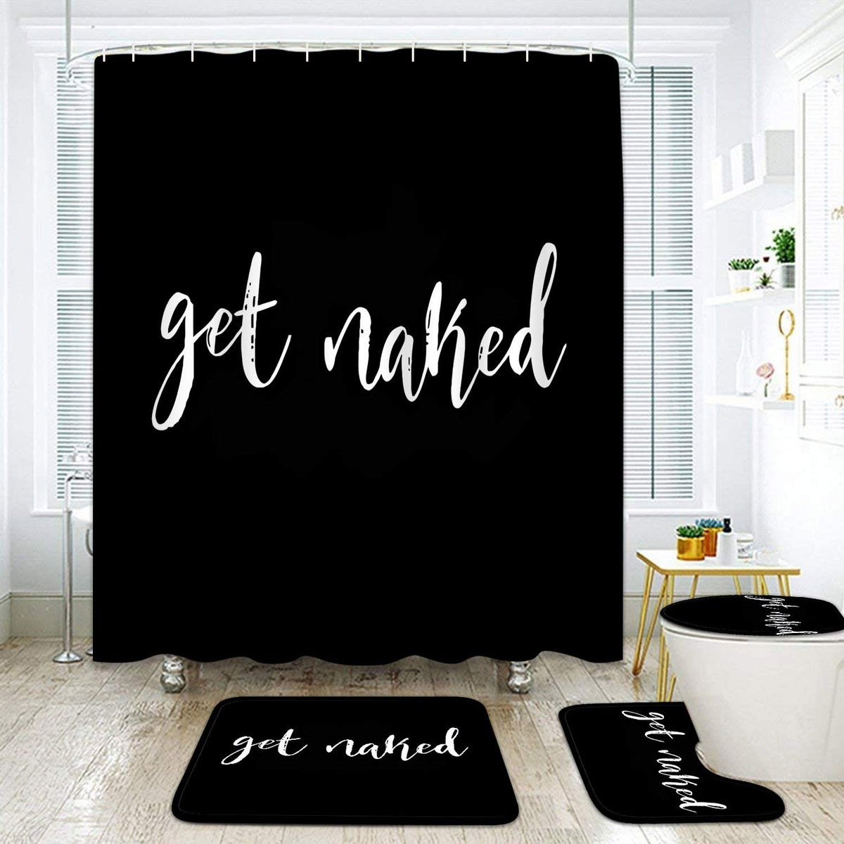 Bathroom Sets with Shower Curtain and Rugs (Get Naked Black)