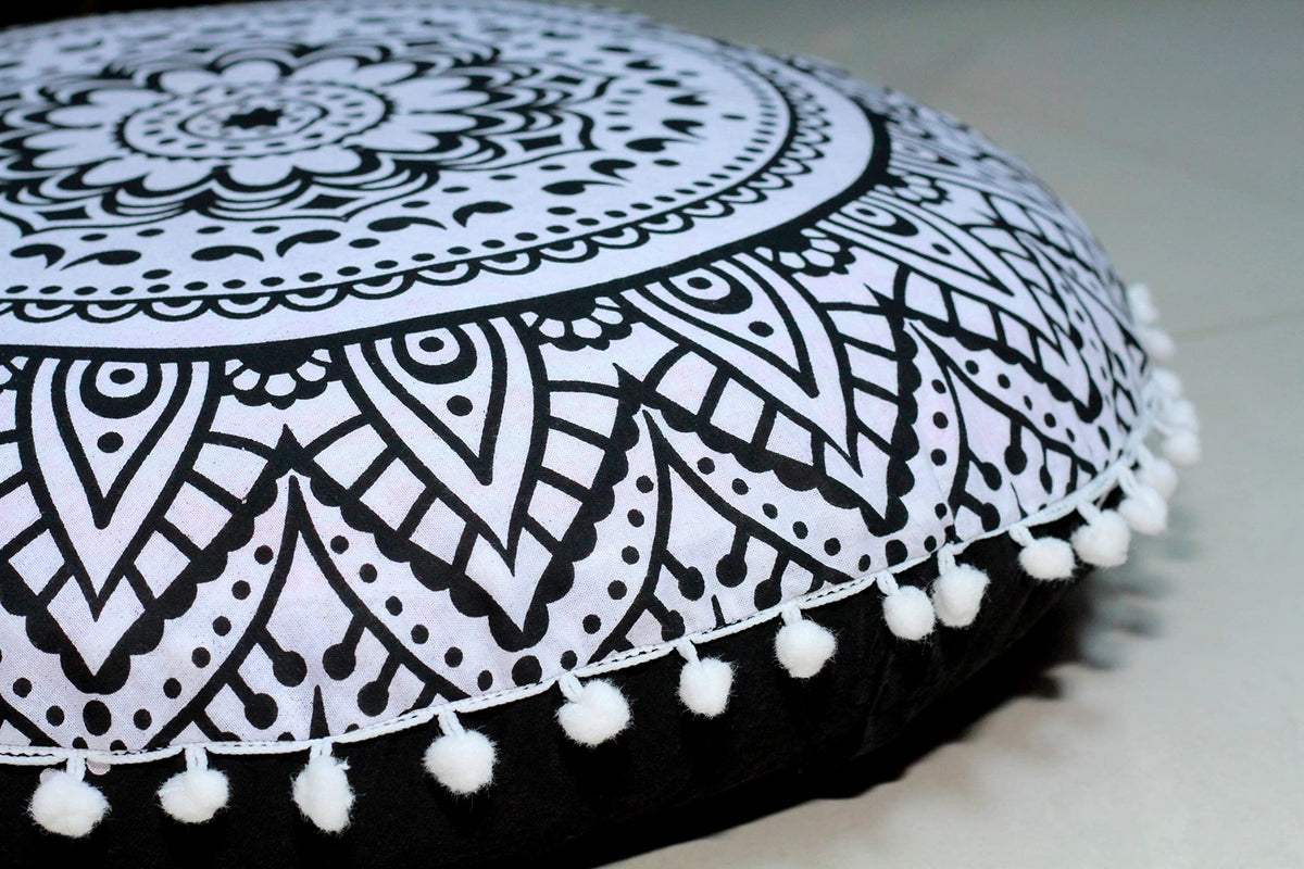 32" Large Round Bohemian Floor Pillow Cover Boho Pouf Cover Mandala Meditation Room Pillows Cover Adults Seating Poufs Cushion Cover for Kids Reading Playroom Black Flower (Black Flower)