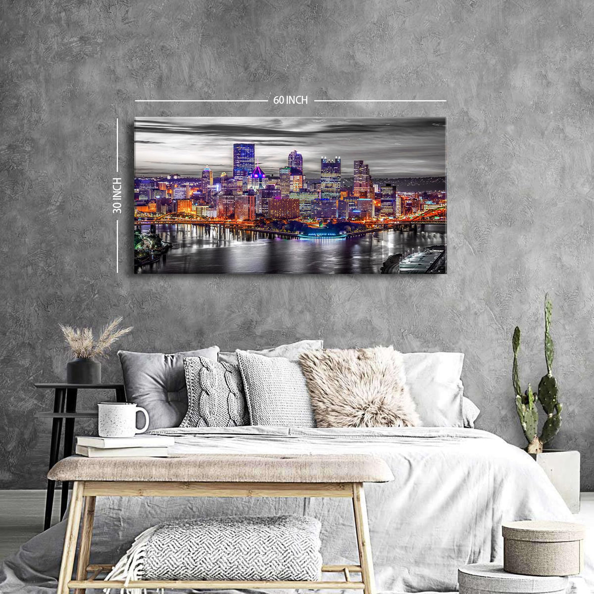 Extra Large Pittsburgh Wall Art Black and White Cityscape Wall Decor Modern Night City Skyline Picture Office Decor Pennsylvania Skyscrapers Canvas Prints for Bedroom Living Room Decoration 30x60" (60"L x 30"W / Pittsburgh)