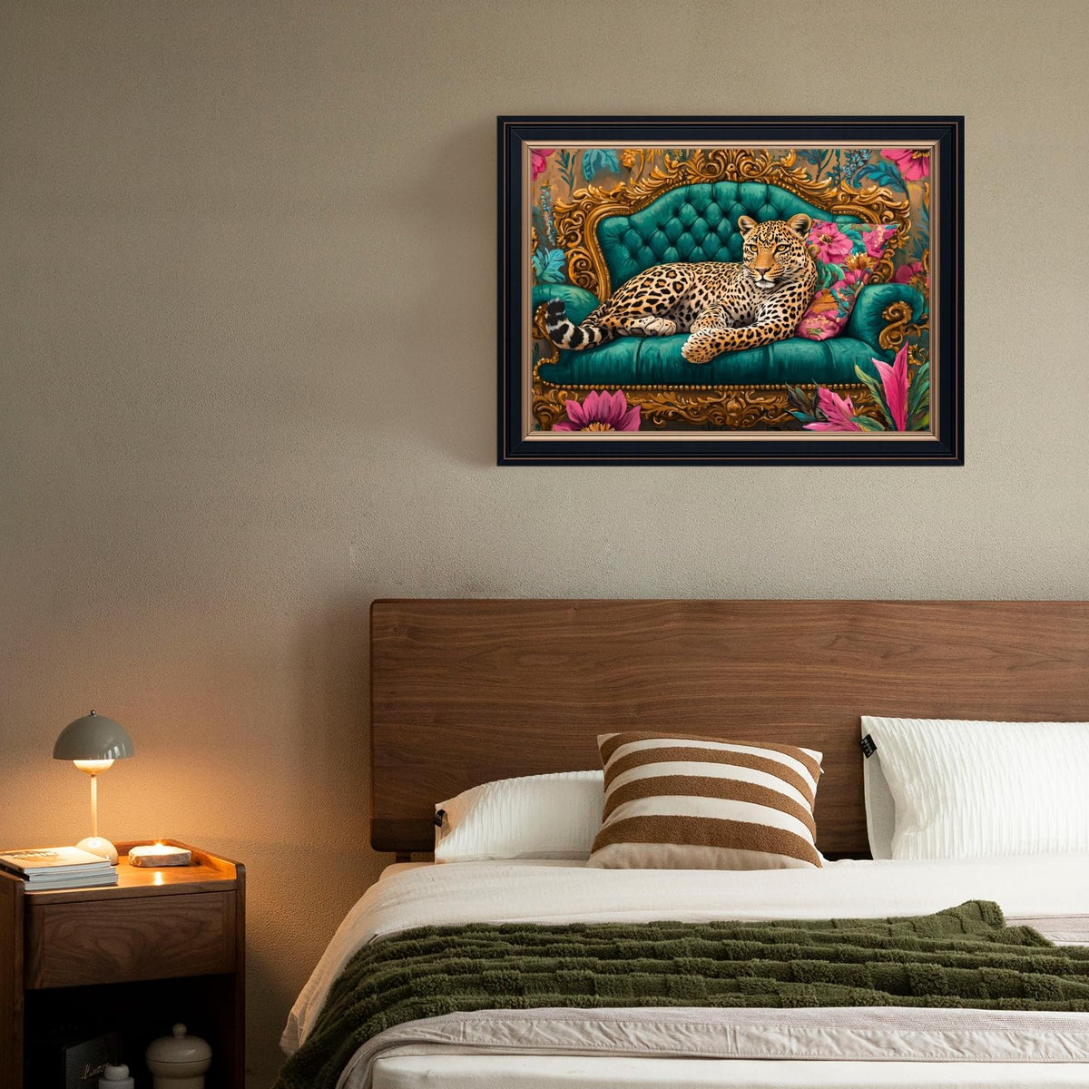 Framed Cheetah Lying on Ornate Sofa Wall Art Canvas Print Colorful Maximalist Leopard Painting Artwork Eclectic Boho Wild Animal Poster Jungle Picture Decor for Bedroom Living Room 12x16inch Black (12"L x 16"W / Style-5 Retro Black Frame)