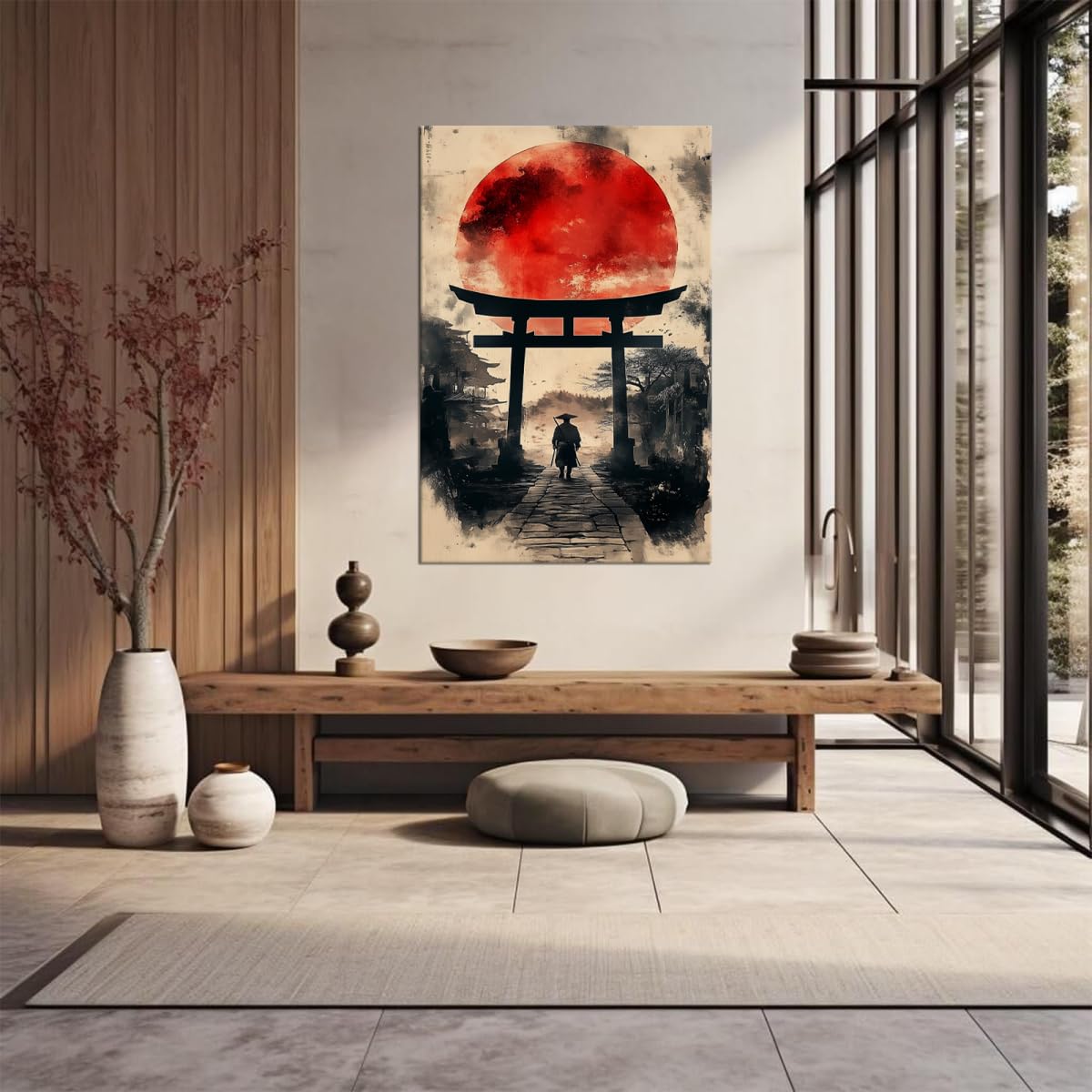 28x44 Inch Ink Wash Canvas Framed Wall Art (28"L x 44"W / Samurai16)