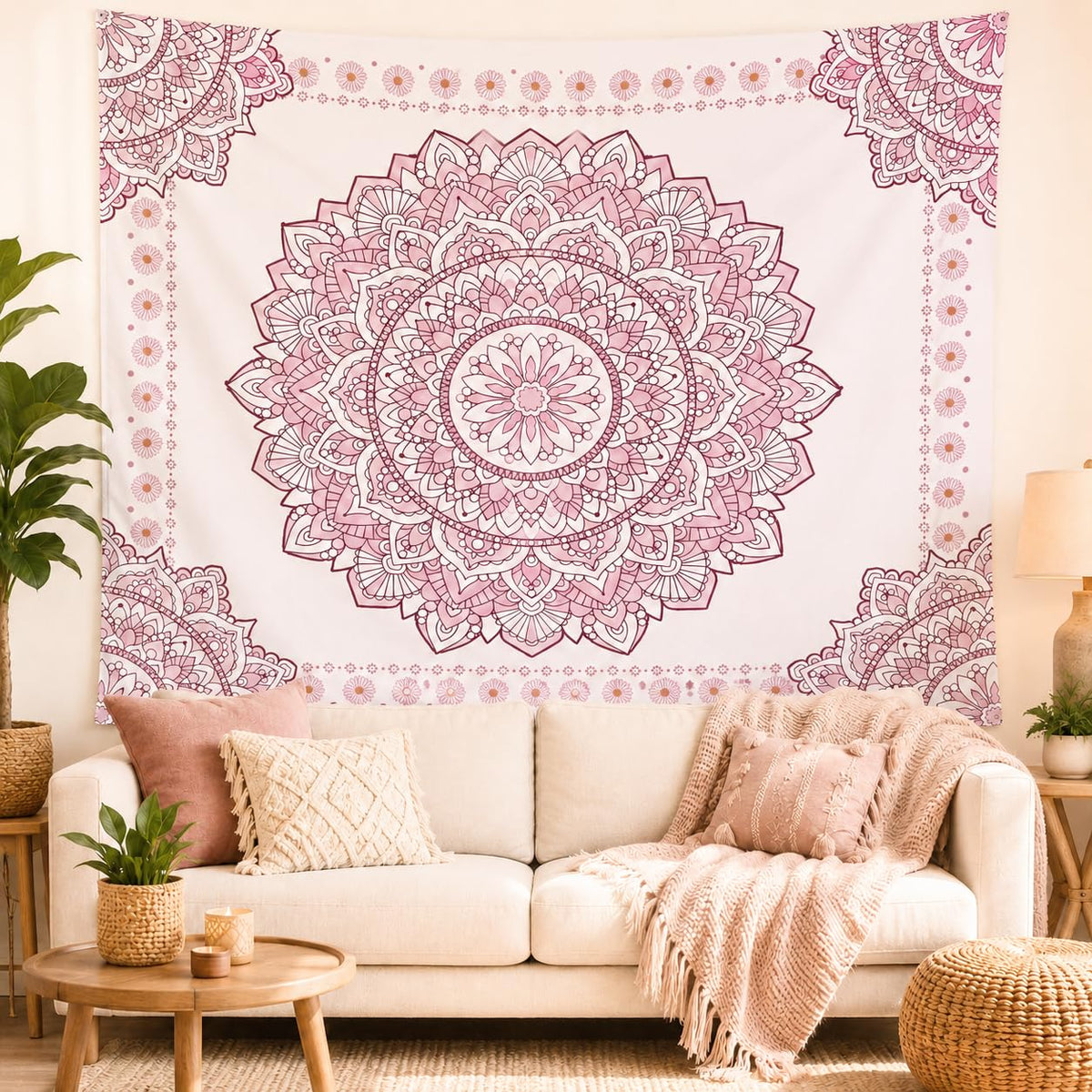 Pink Mandala Tapestry for Bedroom Aesthetic (A Pink Mandala Tapestry / 60"L x 51"W)