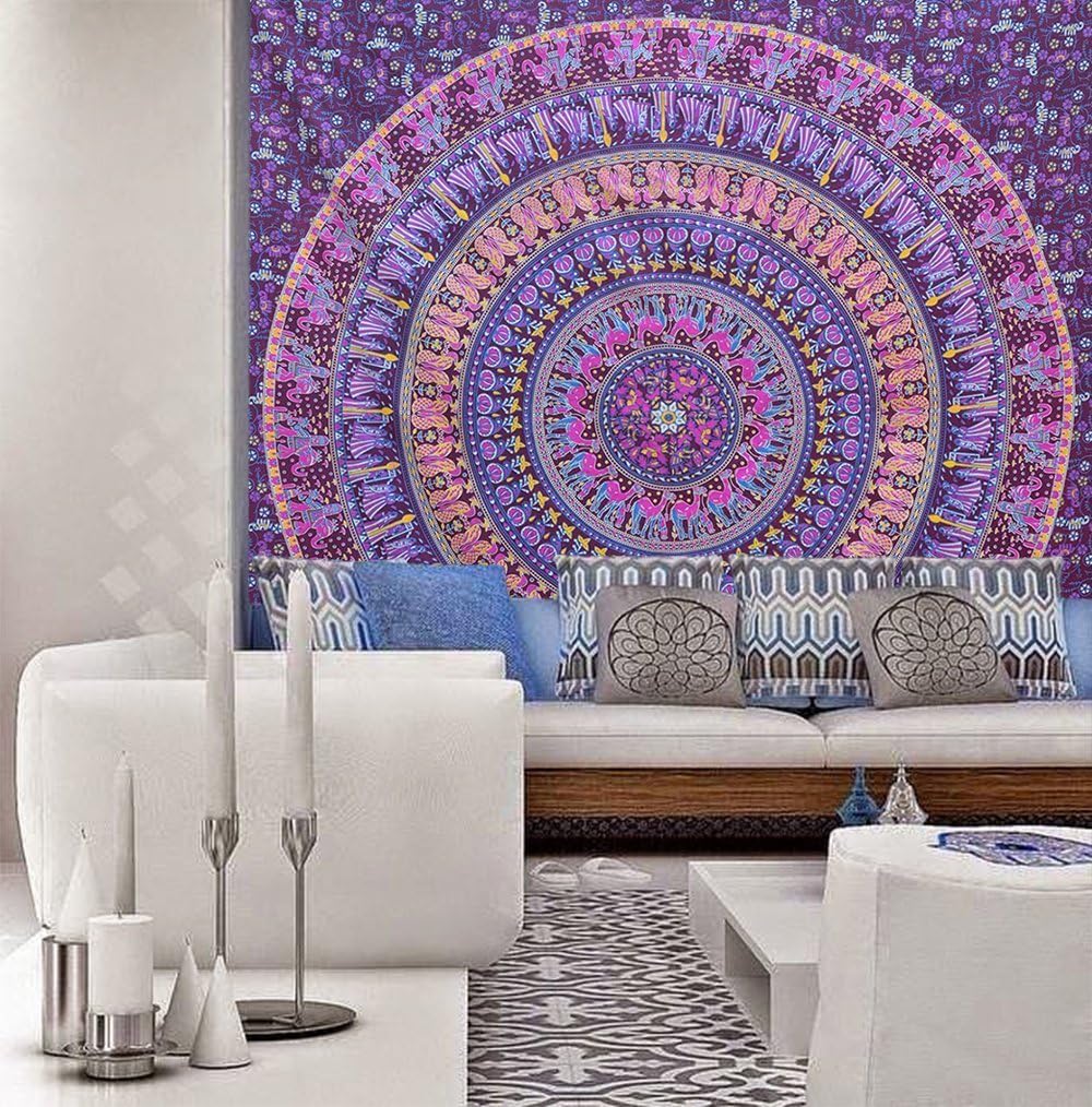 Tapestry Wall Hanging Hippie Mandala Bohemian Hippy Psychedelic Intricate Floral Design Indian Tapestries Bedspread 84 x 90 Inches (54"L x 84"W / Maroon Pink)