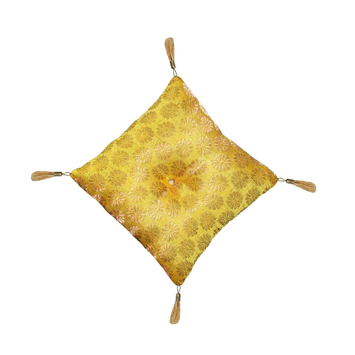 Cushion for Tibetan Singing Bowl Handmade Square Cushions Brocade Art Silk Home Decor Jewelry Display Pillow (5" x 5" Inch / Yellow)