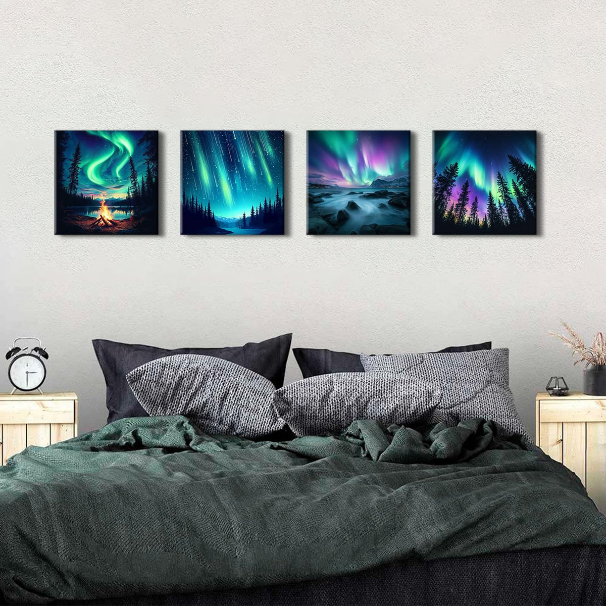 Northern Lights Wall Art Aurora Mountain Scenery Pictures Wall Decor Colorful Forest Landscape Canvas Prints Paintings Nature Aurora Borealis Posters Farmhouse Artwork Living Room Decoration 12x12” (12"L x 12"W / Aurora)