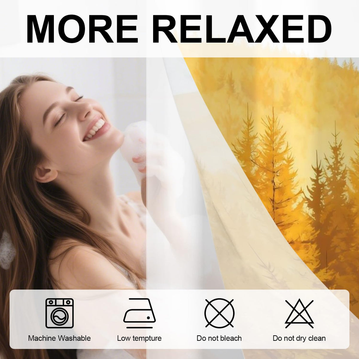 Fall Forest No Hook Shower Curtain and Liner Set Yellow Pine Trees Shower Curtains with Dandelion Field Minimalist Nature Scenery Bathroom Decor Waterproof 71x74 Inch (Dark Orange)