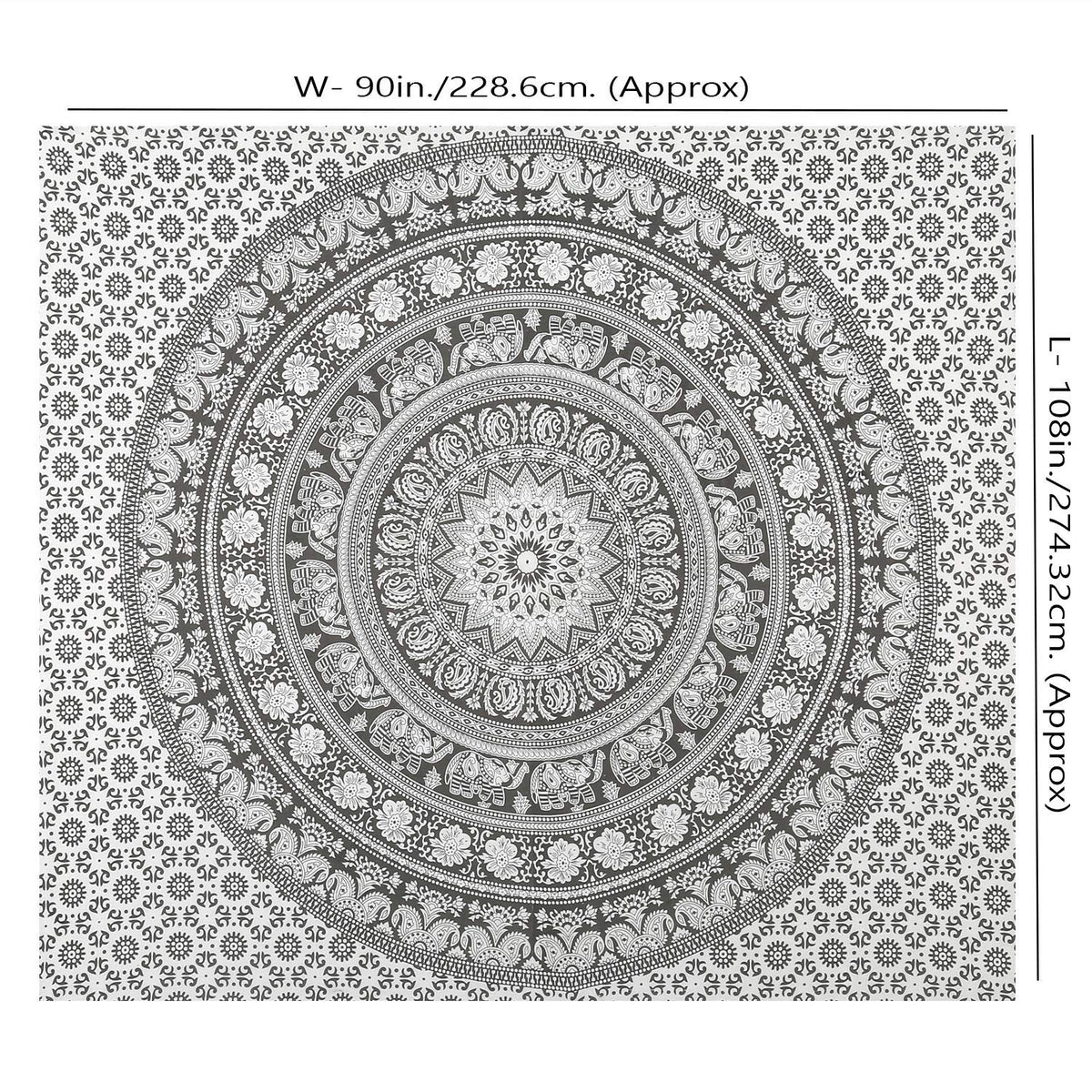 Elephant Mandala Tapestry Cotton Wall Hanging Hippy Tapestries Hippie Beach Throw College Dorm Decor Bohemian Boho Bedsheet (Pebble grey / 90"L x 108"W)