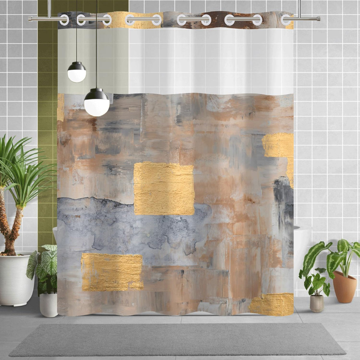 No Hook Shower Curtain with Snap in Liner Set (Abstract-3)