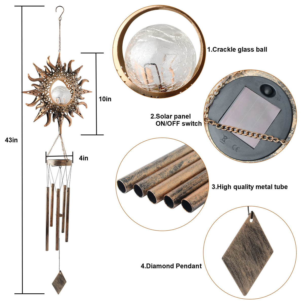 Sun Wind Chimes Solar Retro Windchimes Sympathy Gift (Sun)