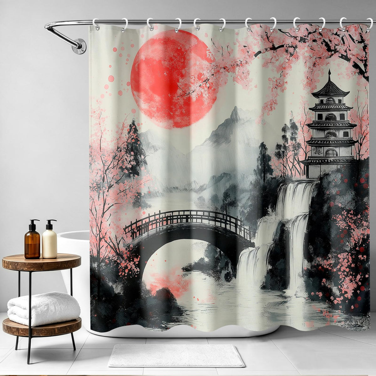 Japanese Shower Curtain Pink Cherry Blossom Waterfall Mountain Oriental Zen Anime Landscape Red Sun Asian Ink Art Bathroom Decor Bathtub Curtain Shower Curtain Set with 12 Hooks (Ink Blossom Pagoda / 72"W x 72"L (Pack of 1))