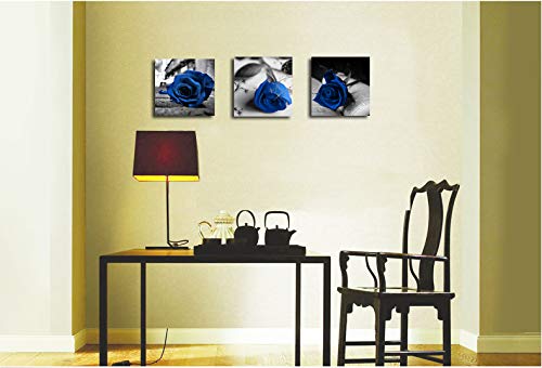 Blue Rose Flowers Book Canvas Wall Art 12x12 Set of 3 Framed Bedroom Decor (12 inch x 12 inch x 3 panels / Blue Flower Art)