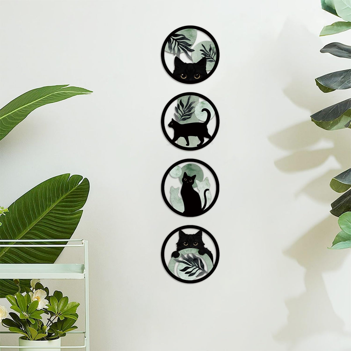 Boho Black Cat Wooden Wall Art Sage Green Cats Round Wall Decor (4pcs Sage Black Cat Wall Art)