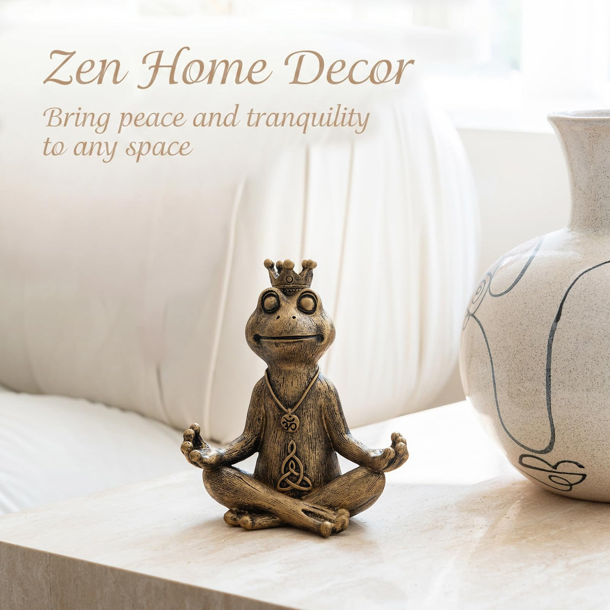 Meditating Zen Frog Statue Decor with Bonus Om Necklace (Gold)