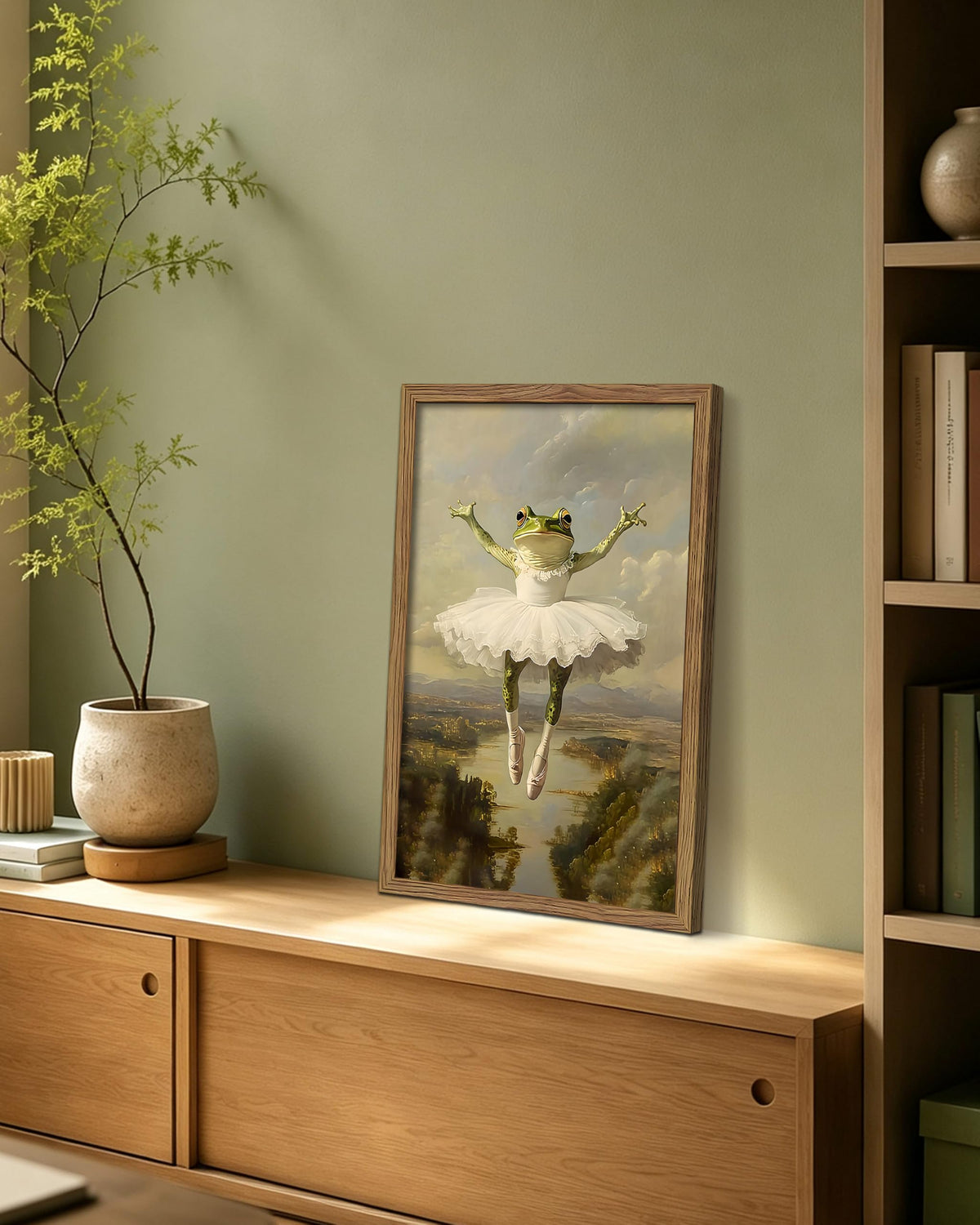 Funny Frog Ballerina Framed Canvas Wall Art (A-Green Frog / 24"L x 16"W)