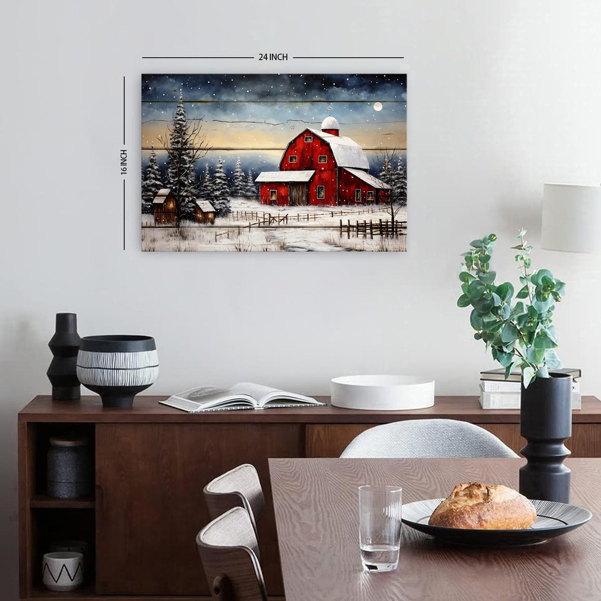 Red Barn Wall Art Snowy Winter Landscape Wall Art Christmas Home Decoration Rustic Farmhouse Prints Artwork Xmas Trees Painting Vintage Poster Artwork for Living Room Kitchen Ready To Hang 16x24” (24"L x 16"W / Christmas Barn)
