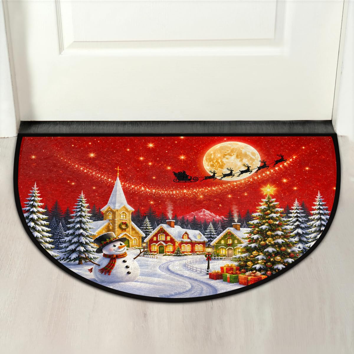 Half Round Doormat Washable Kitchen Semi Circle Rug Christmas Snowman deer (G 01)