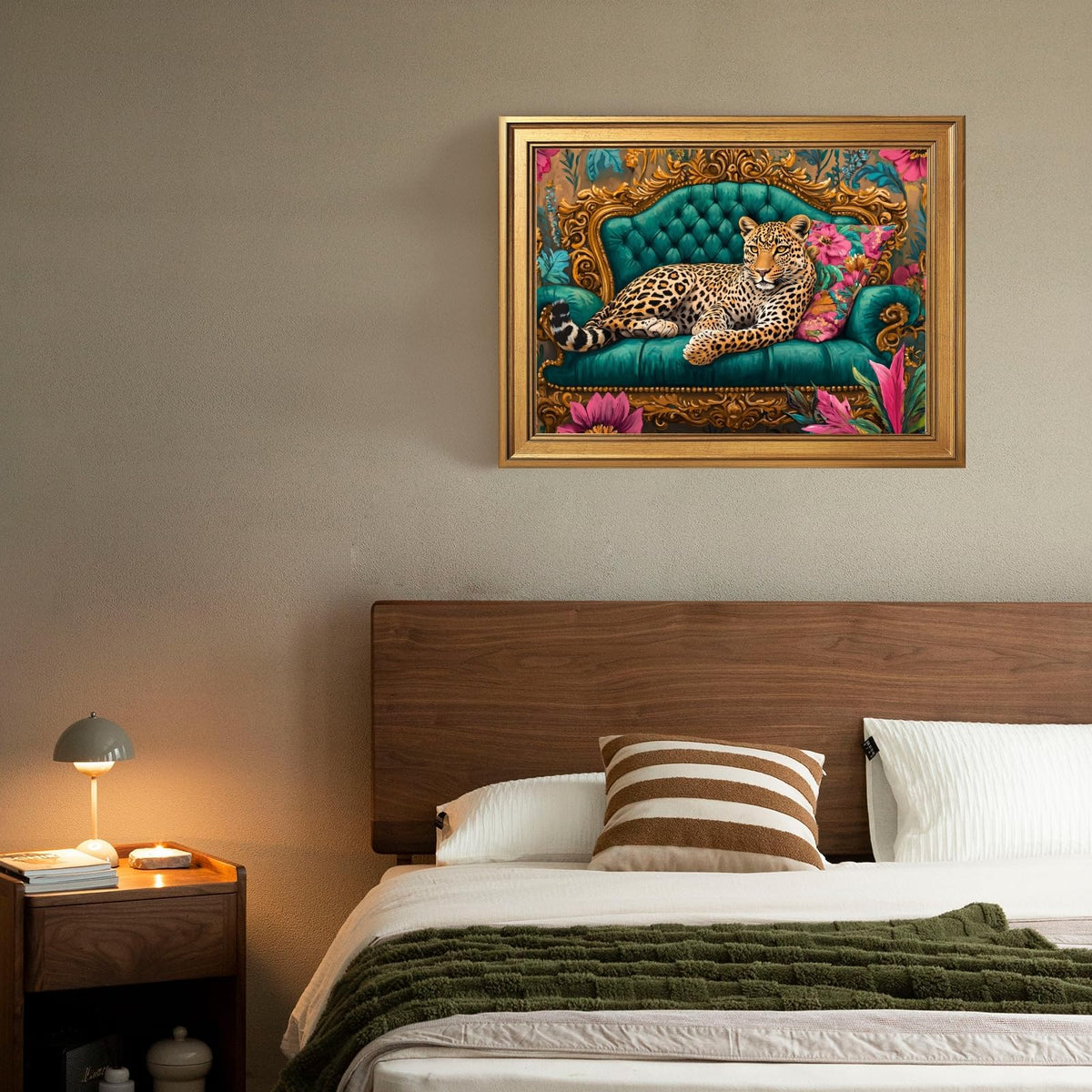 Framed Cheetah Lying on Ornate Sofa Wall Art Canvas Print Colorful Maximalist Leopard Painting Artwork Eclectic Boho Wild Animal Poster Jungle Picture Decor for Bedroom Living Room 12x16inch Gold (12"L x 16"W / Style-5 Retro Gold Frame)