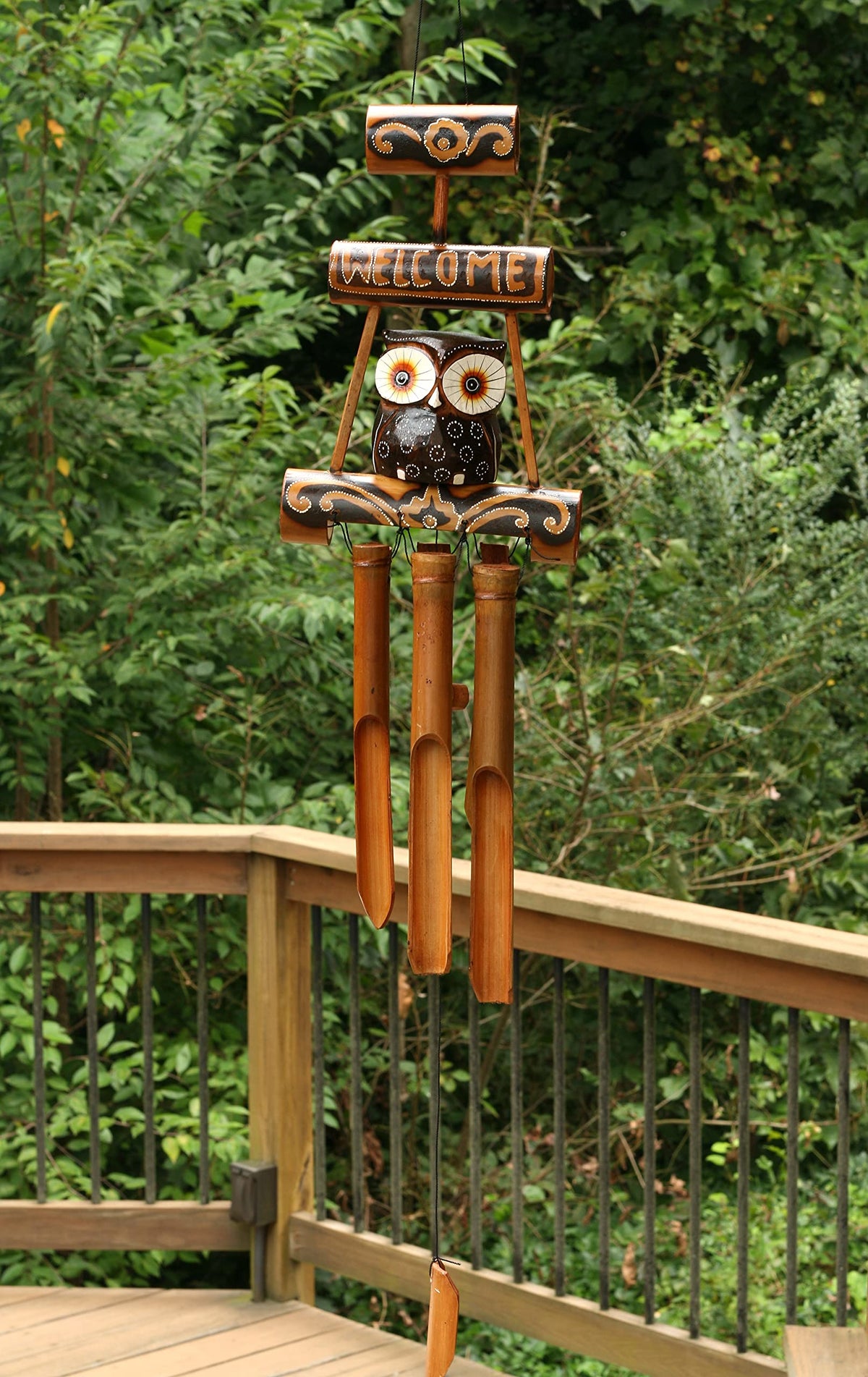 Handmade Wooden Owl Bamboo Wind Chime Wood Statue Figurine Hoot Sculpture Art Decorative Rustic Patio Garden Outdoor Decor Handcrafted Decoration (Owl Welcome Sign Chime)