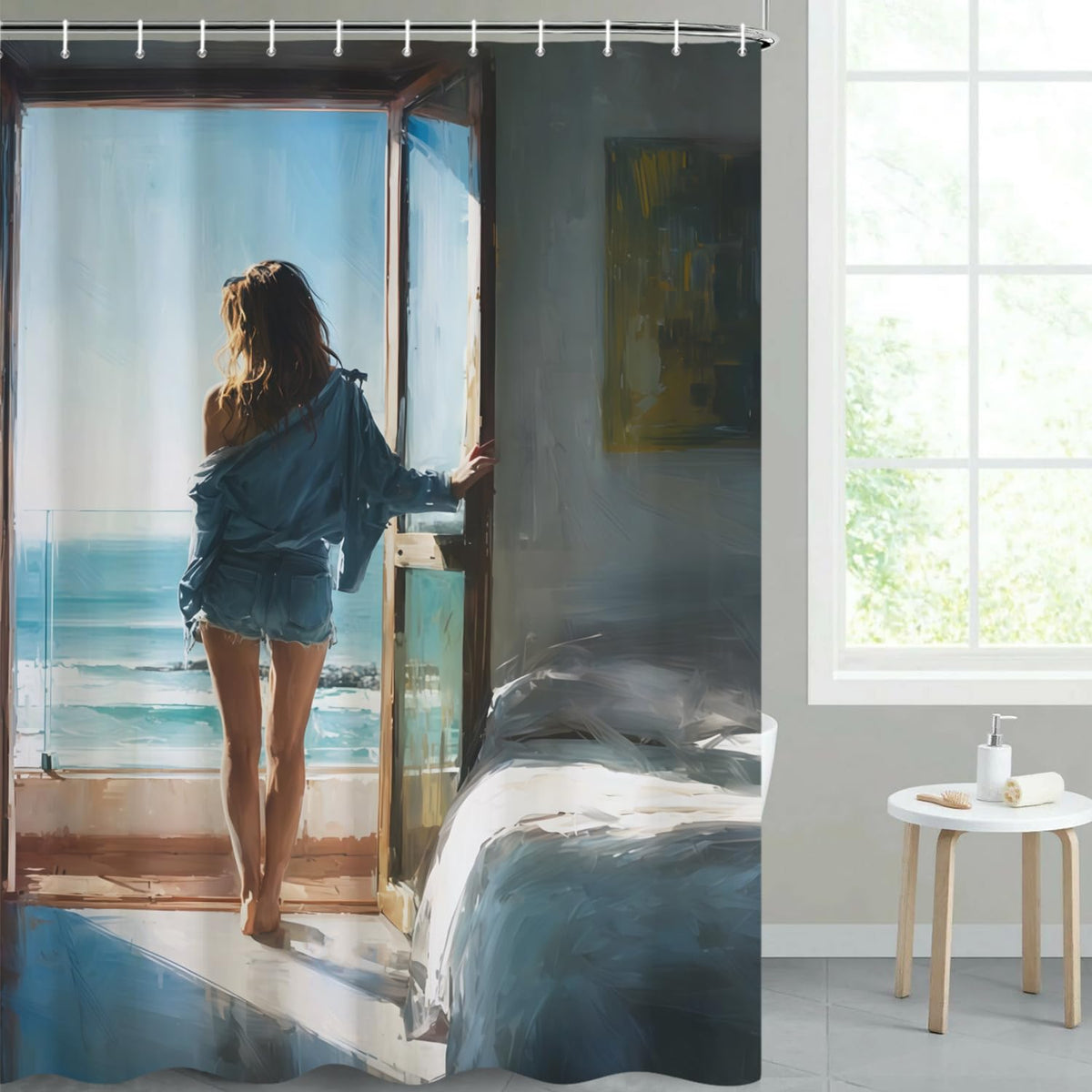 Modern Watercolor Shower Curtain with Hooks (Blue)