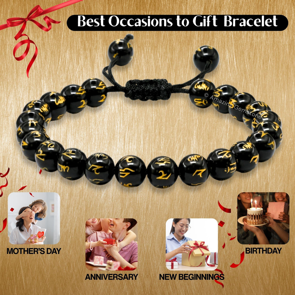 Om Mani Black Agate Bracelet for Women Men's Gifts (Om Mani Black Agate)