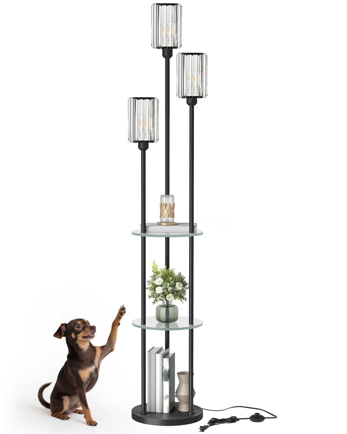 Black Floor Lamp with Shelves (Black + Crystal Glass)