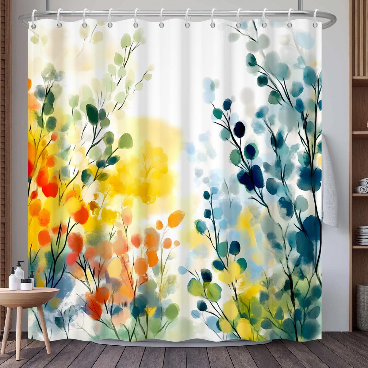 Watercolor Floral Shower Curtain with Hooks (Watercolor Plants)