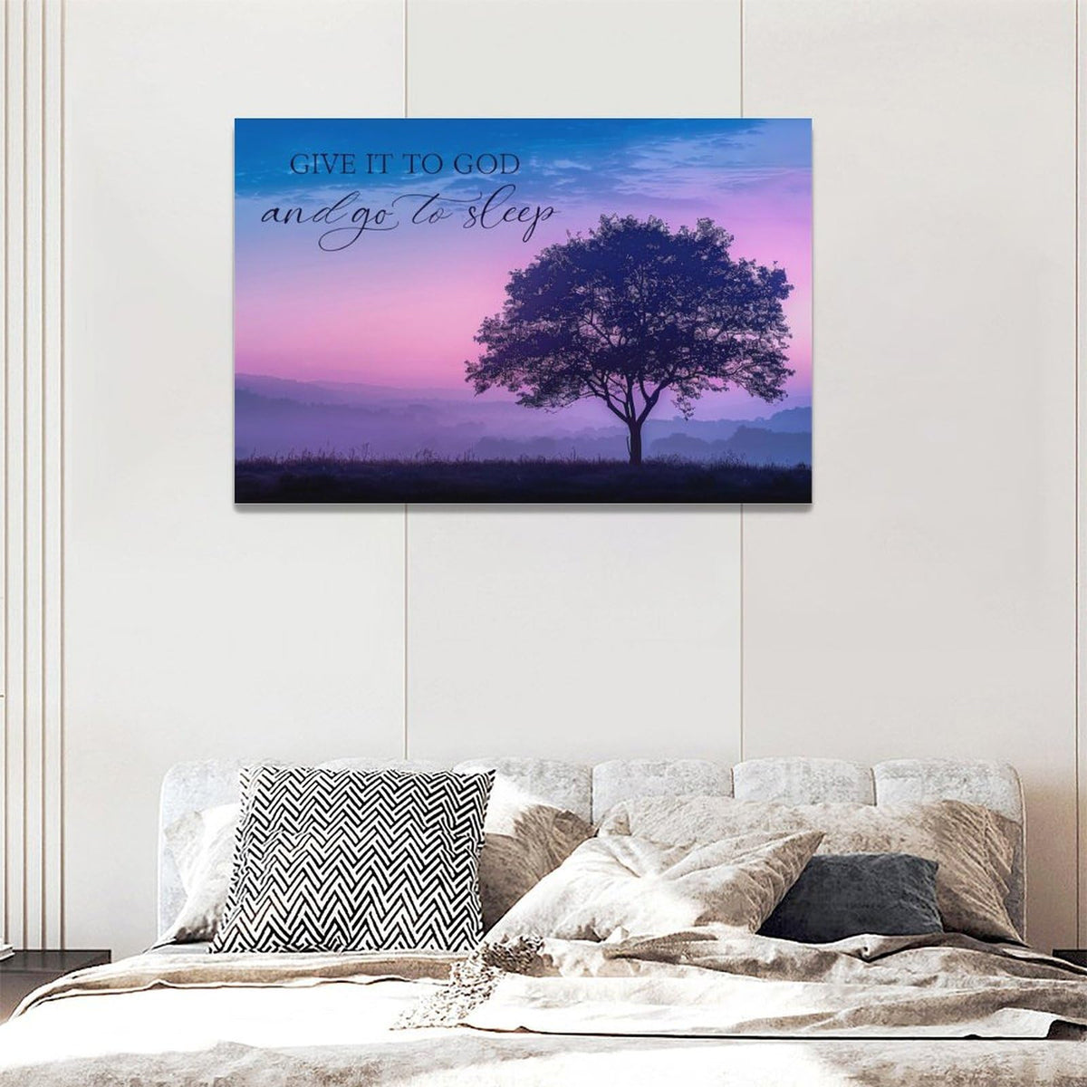 Bedroom Wall Art Give it to God and Go to Sleep Sign Wall Decor Christian Canvas Prints Painting Purple Tree Bathroom Pictures Framed Artwork Gifts Home Decorations 24"x16" (24"L x 16"W / Purple Tree)