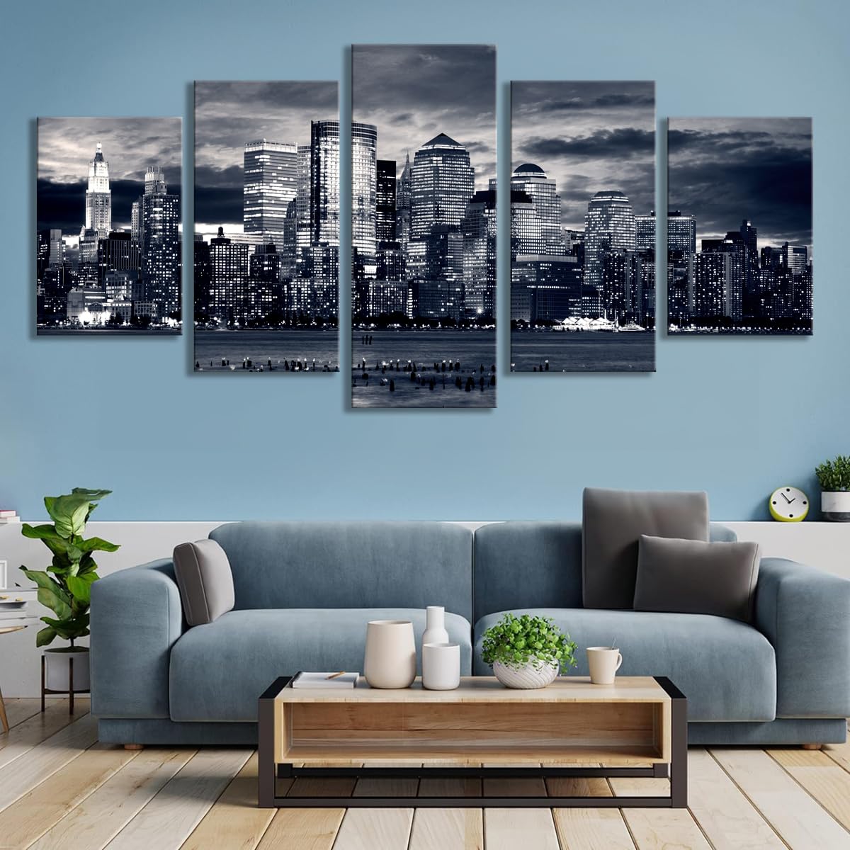 5 Parts New York City Canvas Wall Art Manhattan Skyline at Night Picture Prints Modern Home Office Wall Decoration Stretched Ready to Hang (16x24inchx2,16x32inchx2,16x40x1 / Artwork2)